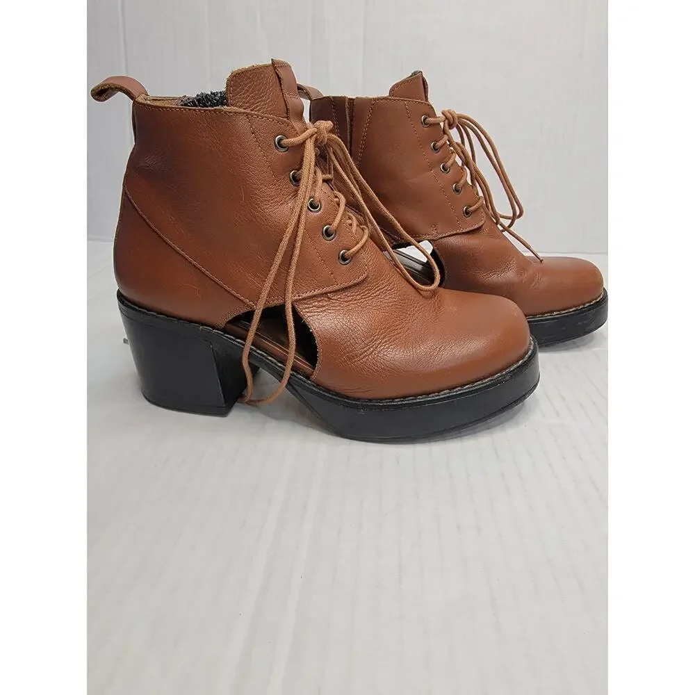 TopShop Booties Sz. 37 6.5 Chunky Heel Cutout Ankle Boots Leather Tan Lace Up